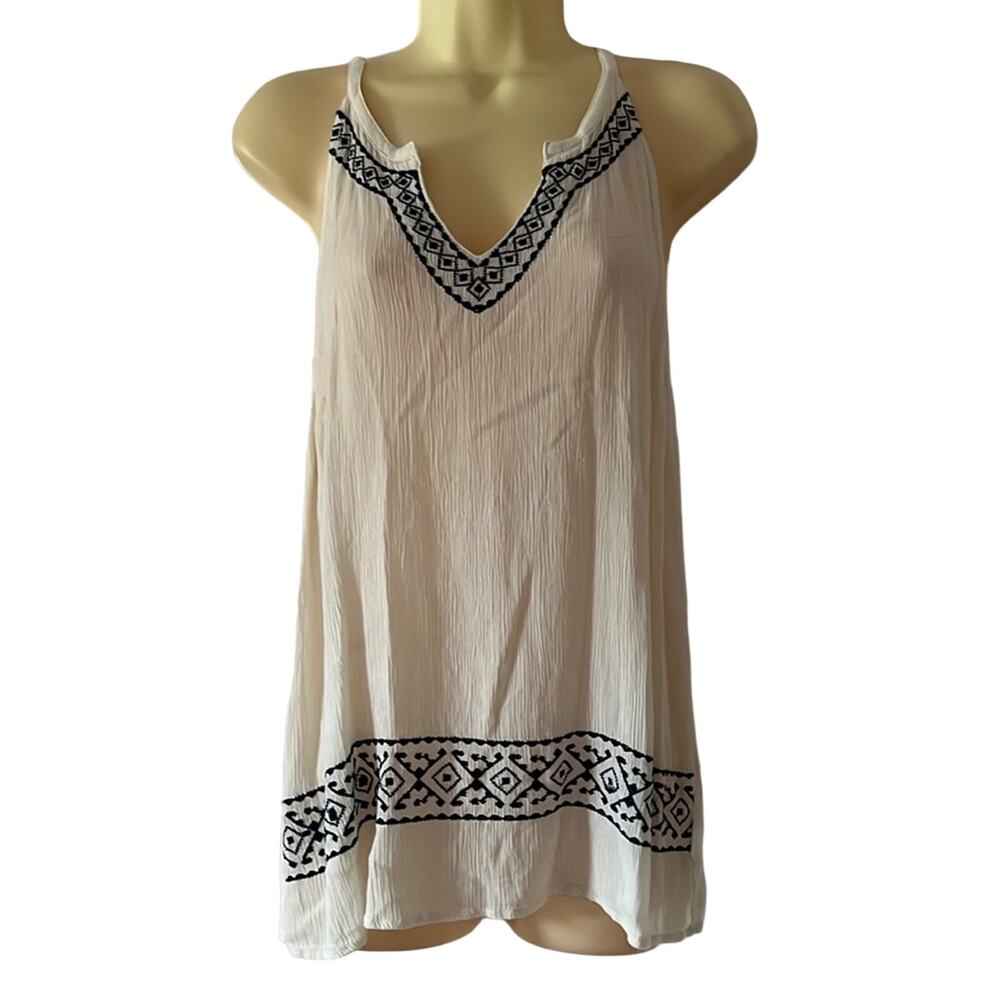 Gap Ivory & Navy Blue Embroidered Gauze Sleeveless Tunic Blouse Woman Small Boho